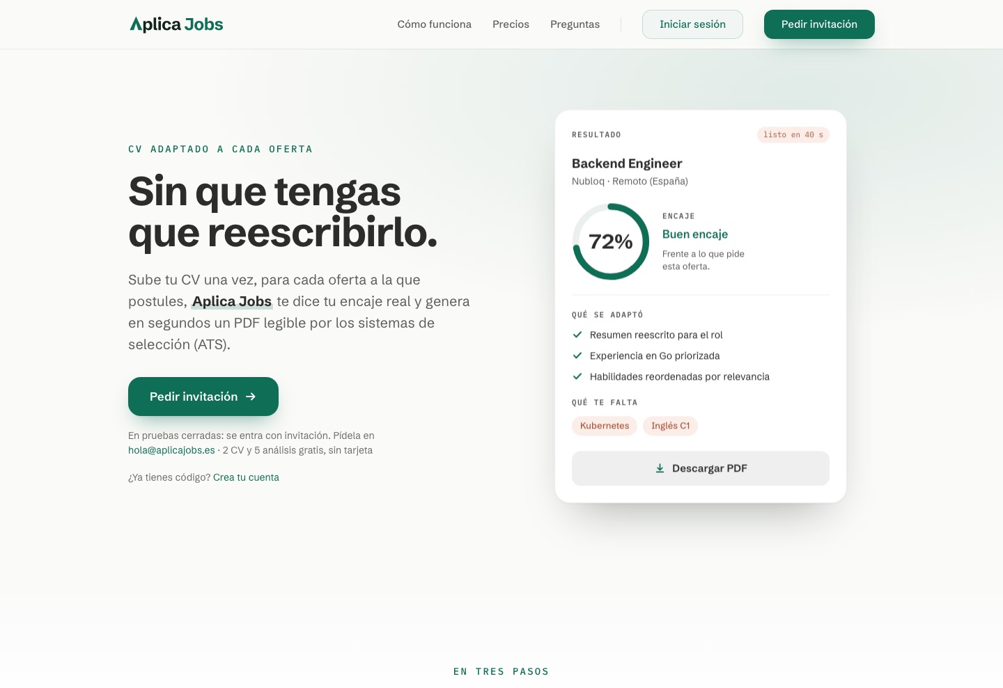 Portada de Aplica Jobs con un ejemplo de adaptación de CV